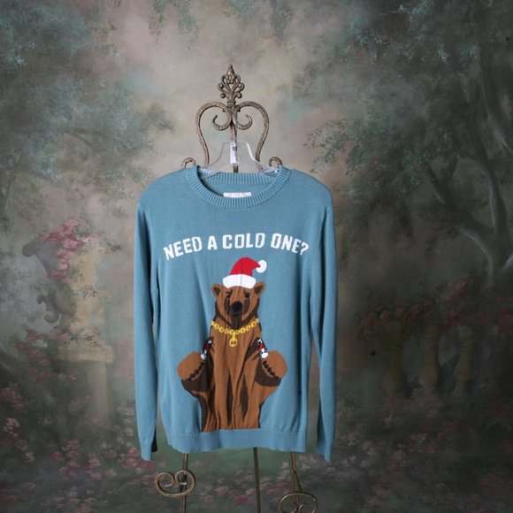 Mossimo Mens LG Ugly Christmas Sweater Gangster Bear Santa Hat Need a Cold One - Picture 2 of 8